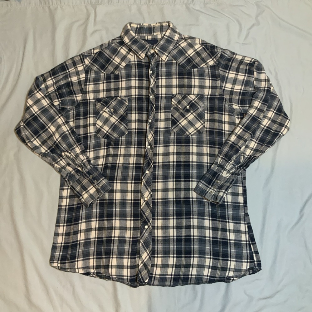 Wrangler Mens Blue White Plaid Western Snap Flannel Shirt Large Tall LT 7408